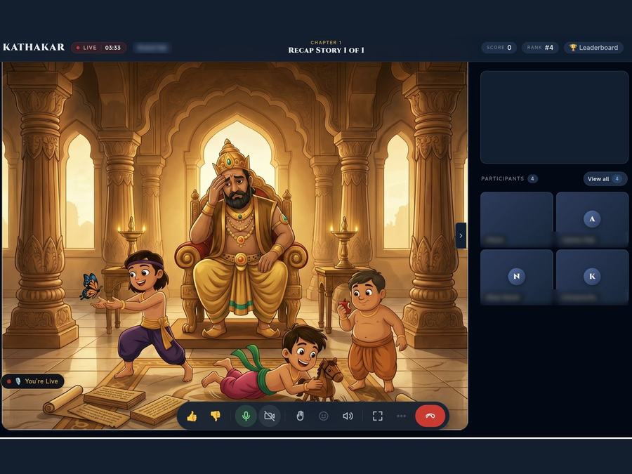 A live Kathakar session showing an illustrated Rāmāyaṇa scene alongside the participant panel
