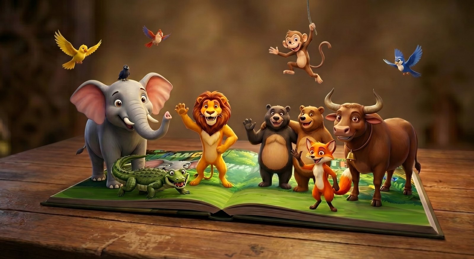 The Pañcatantra animals risen off the page and standing on the open book, birds circling above