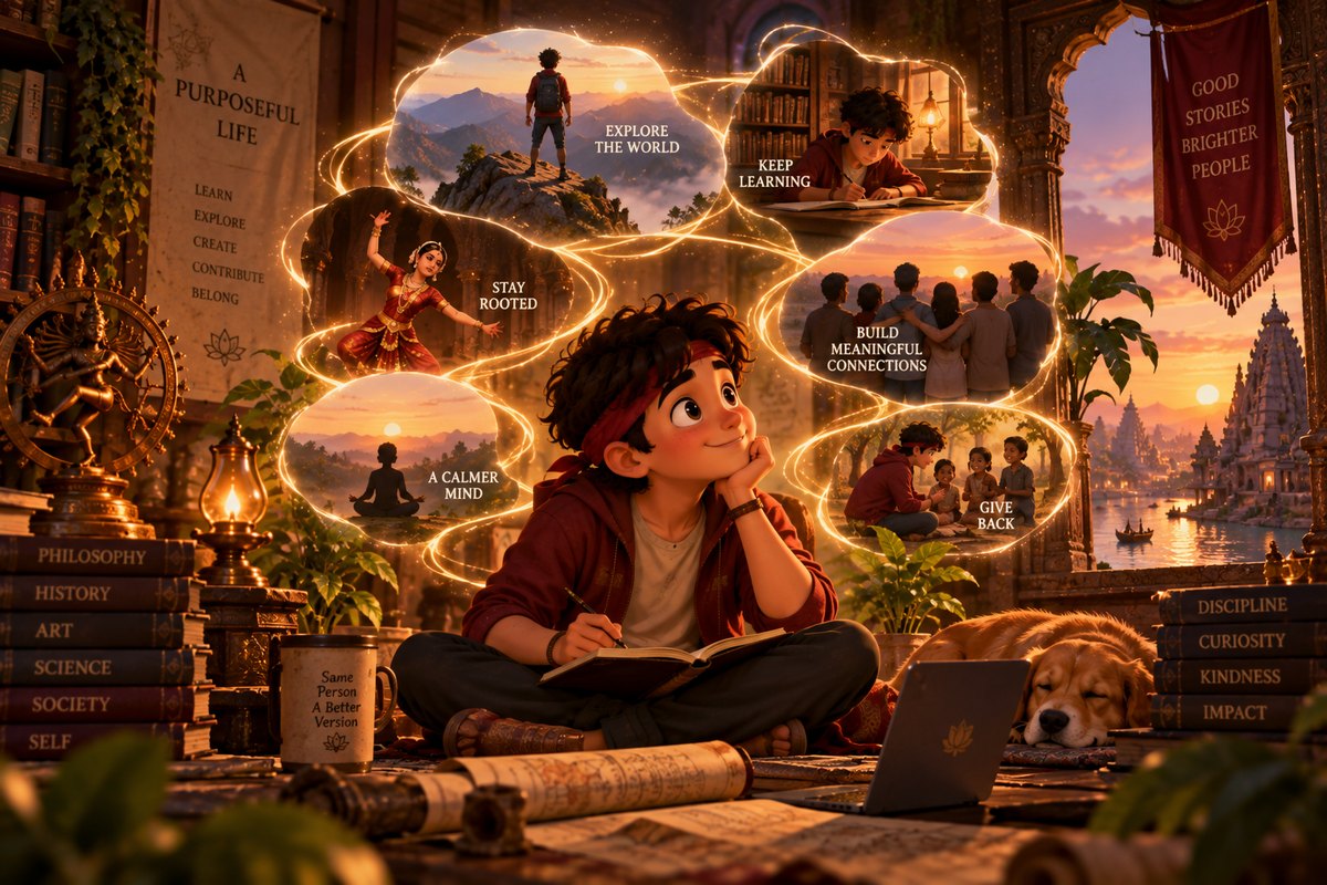 A purposeful life mapped in glowing clouds: explore, keep learning, stay rooted, build connections, give back
