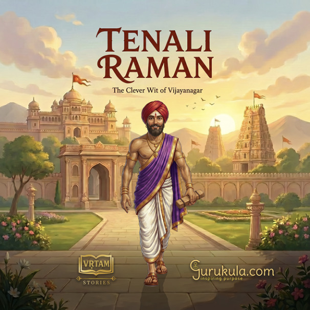 Cover of the Tenali Raman AR storybook: Tenali Raman walking before the Vijayanagara palace at sunrise