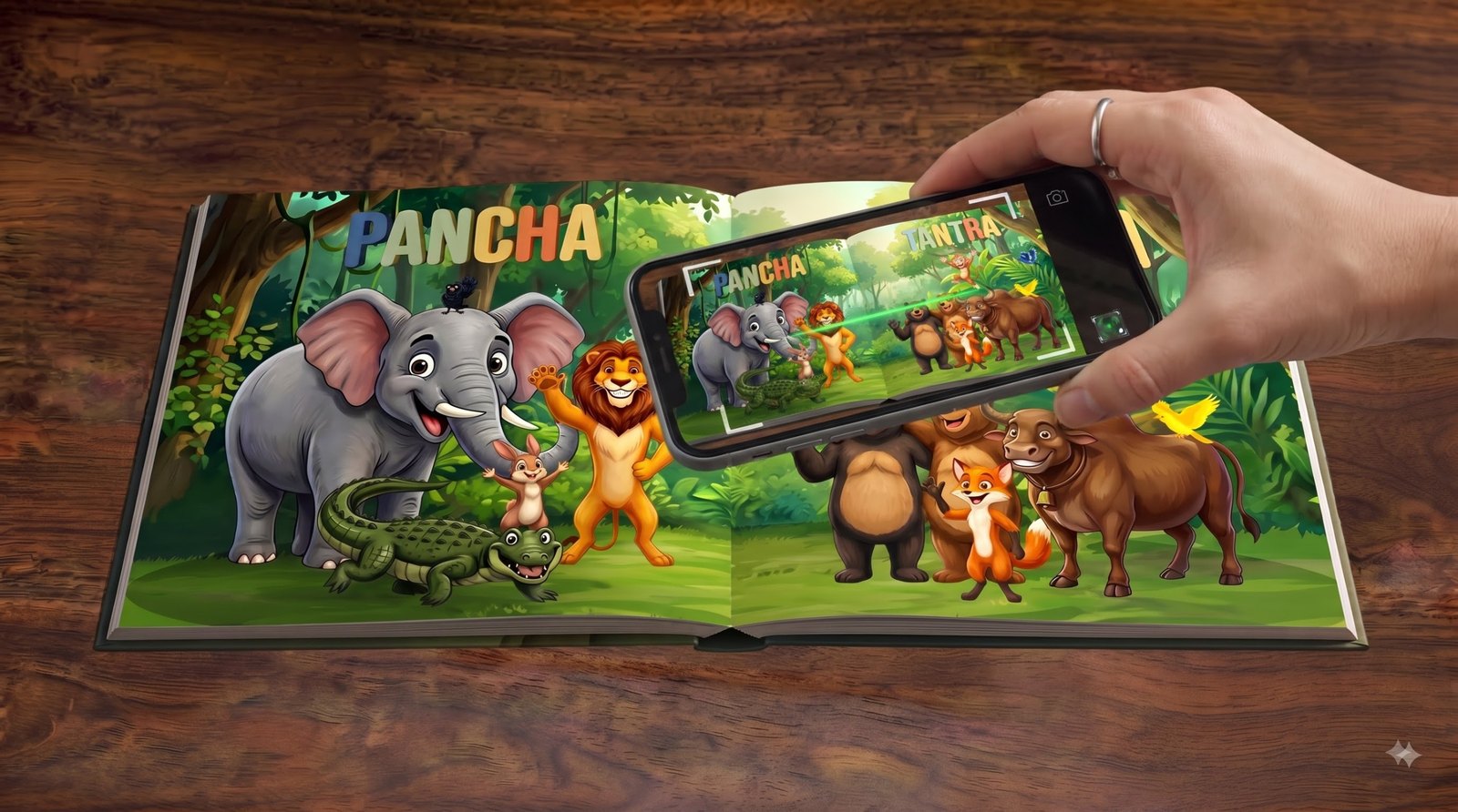 A phone held over the open spread, the camera view framing the printed page