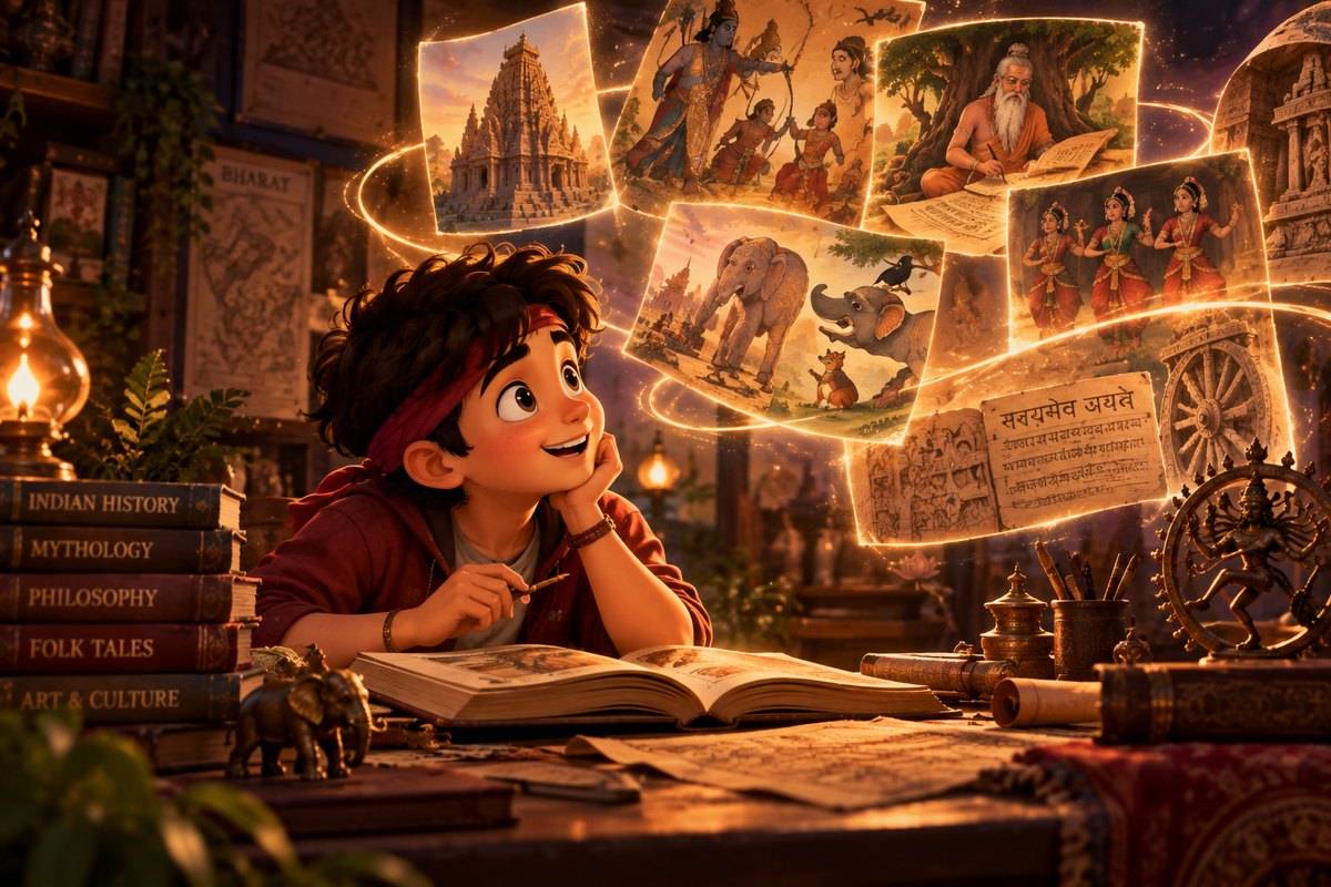 A boy at a desk stacked with history, mythology and folk tale books, illustrated cards floating above the page