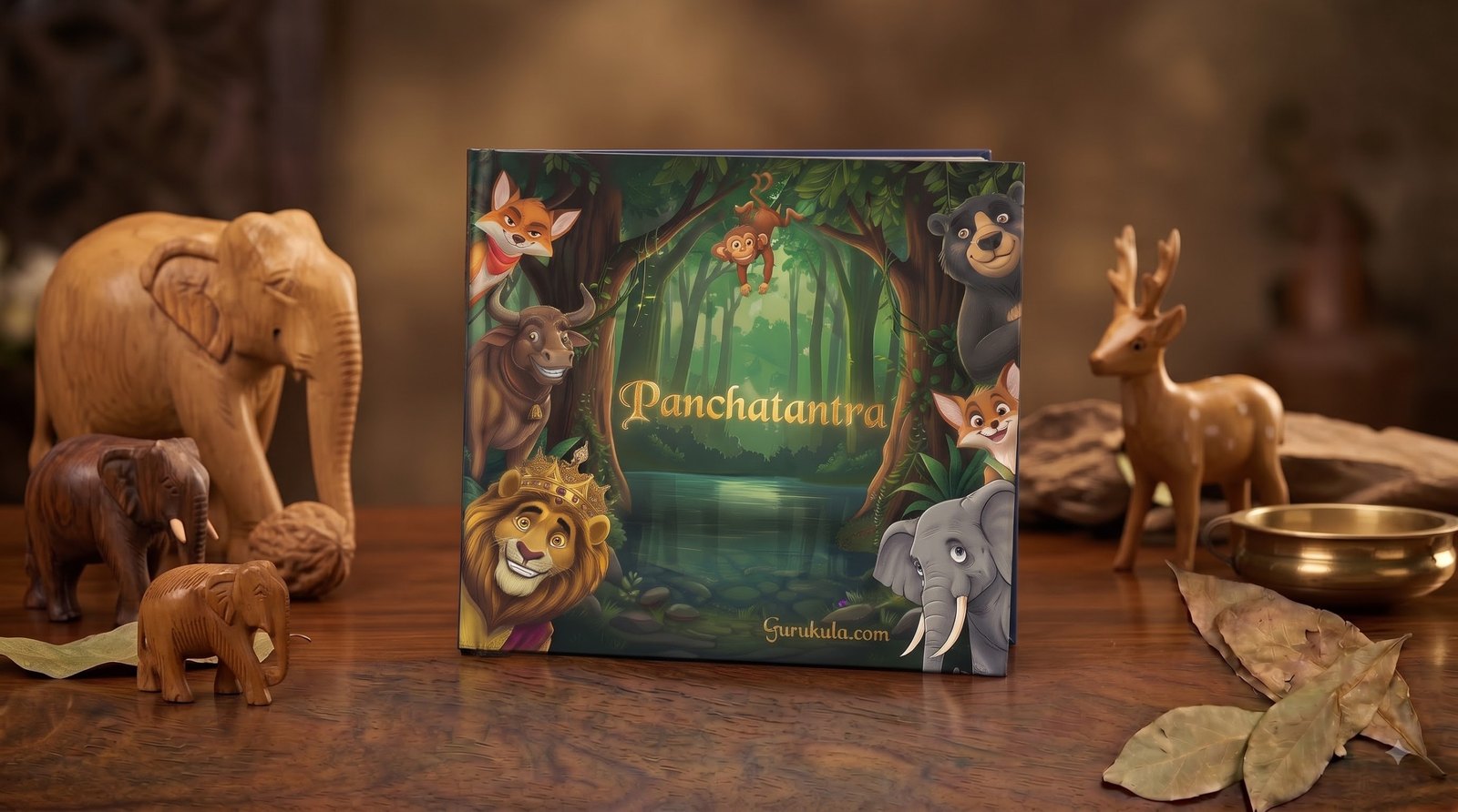 The closed Pañcatantra hardback standing on a table beside carved wooden animals