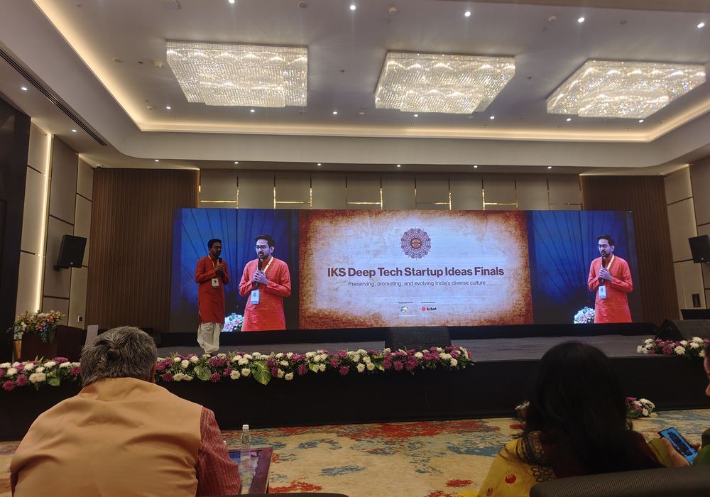 The IKS Deep Tech Startup Ideas Finale in progress on stage at the Adani Global Indology Conclave