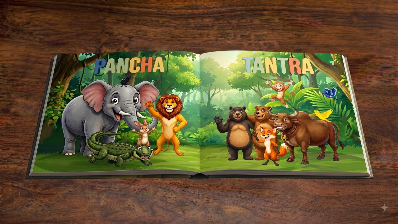 An open Pañcatantra storybook lying flat on a wooden table, the printed forest spread running across both pages