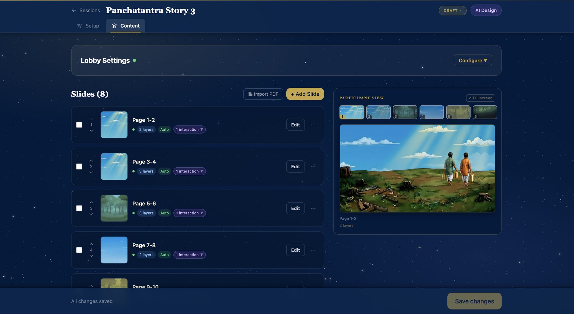 The Kathakar content editor: eight slides listed with layers and interactions, and a participant preview