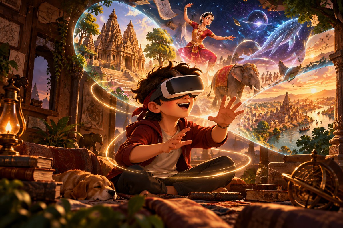 A child in a VR headset, temples, a dancer and a river city turning around them
