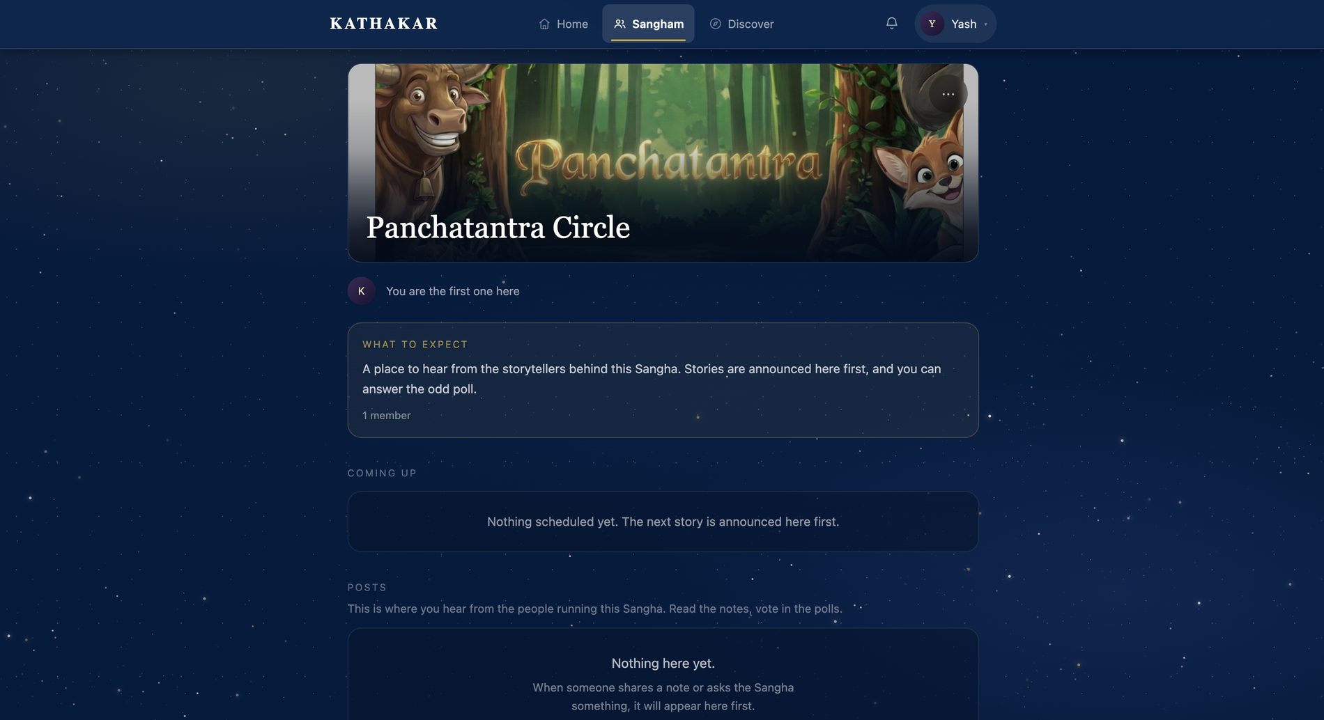 The Pañcatantra Circle Sangham page, where stories are announced and the group stays in touch
