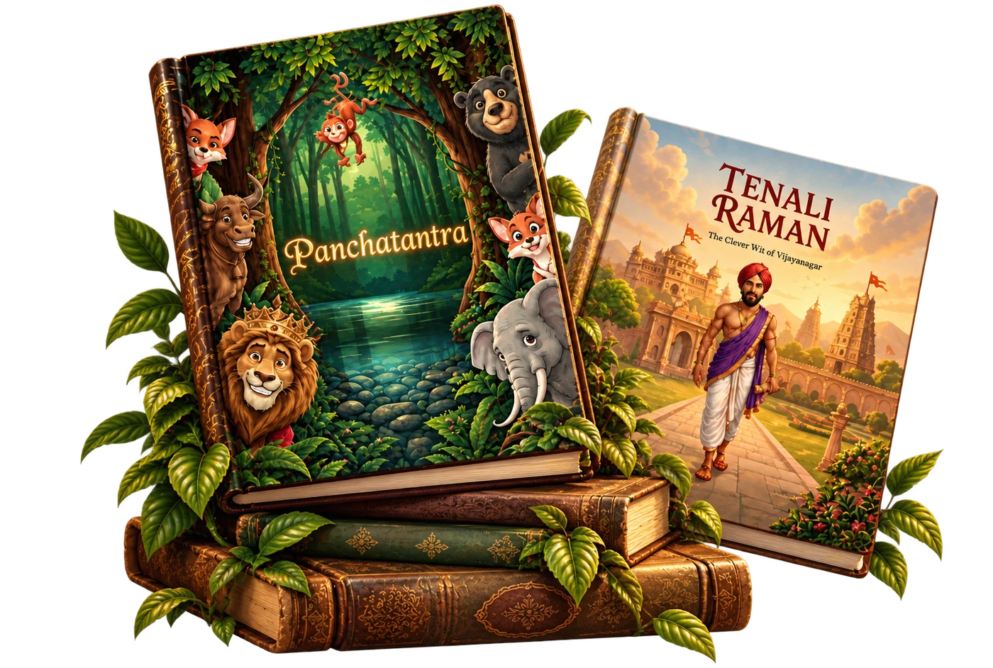 The Pañcatantra and Tenali Raman AR storybooks standing on a stack of older bound volumes, framed by leaves