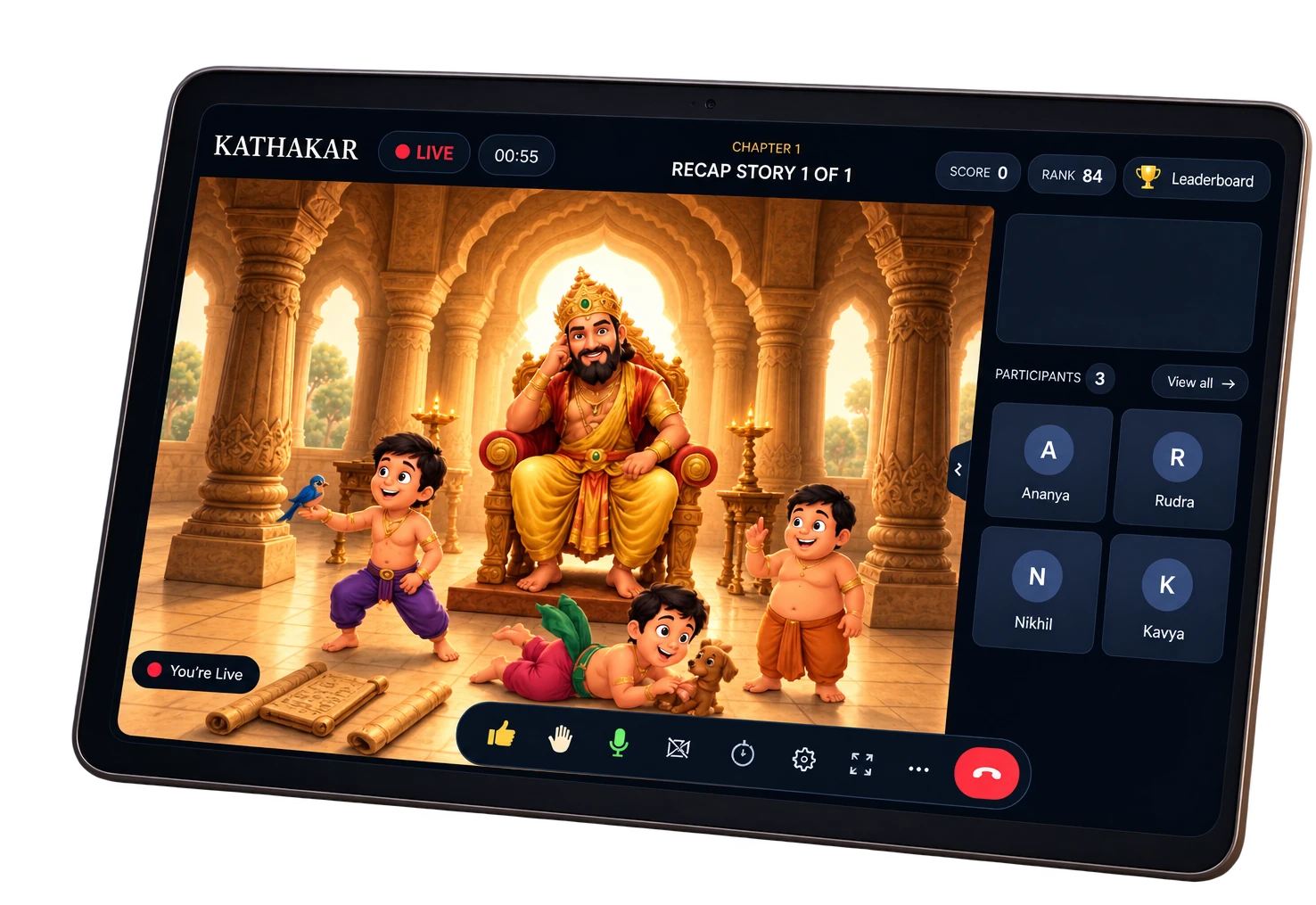 The Kathakar app on a tablet, showing a live Rāmāyaṇa session with the story on screen and the participant panel beside it
