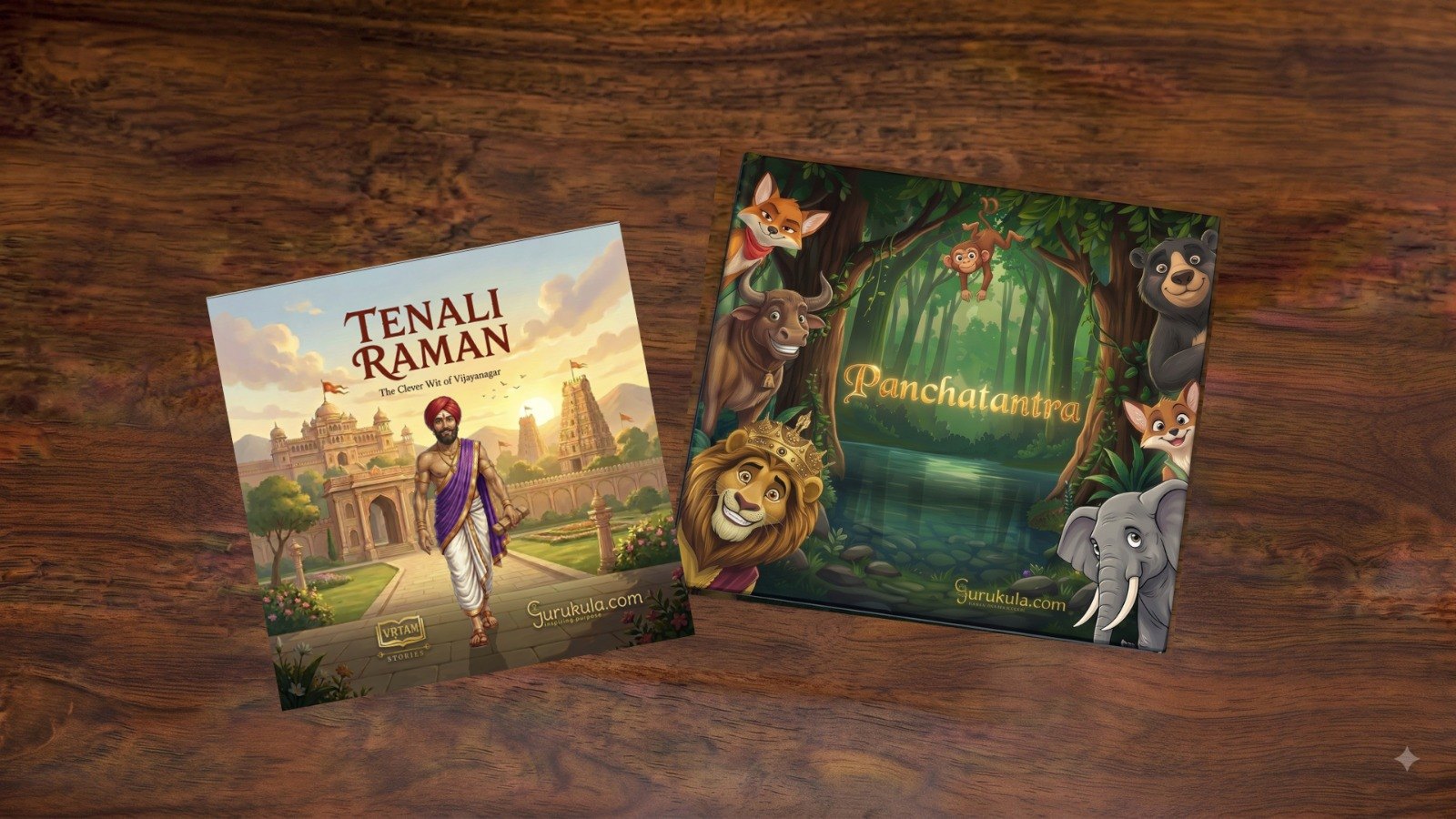 The Tenali Raman and Pañcatantra hardbacks laid side by side on a wooden table