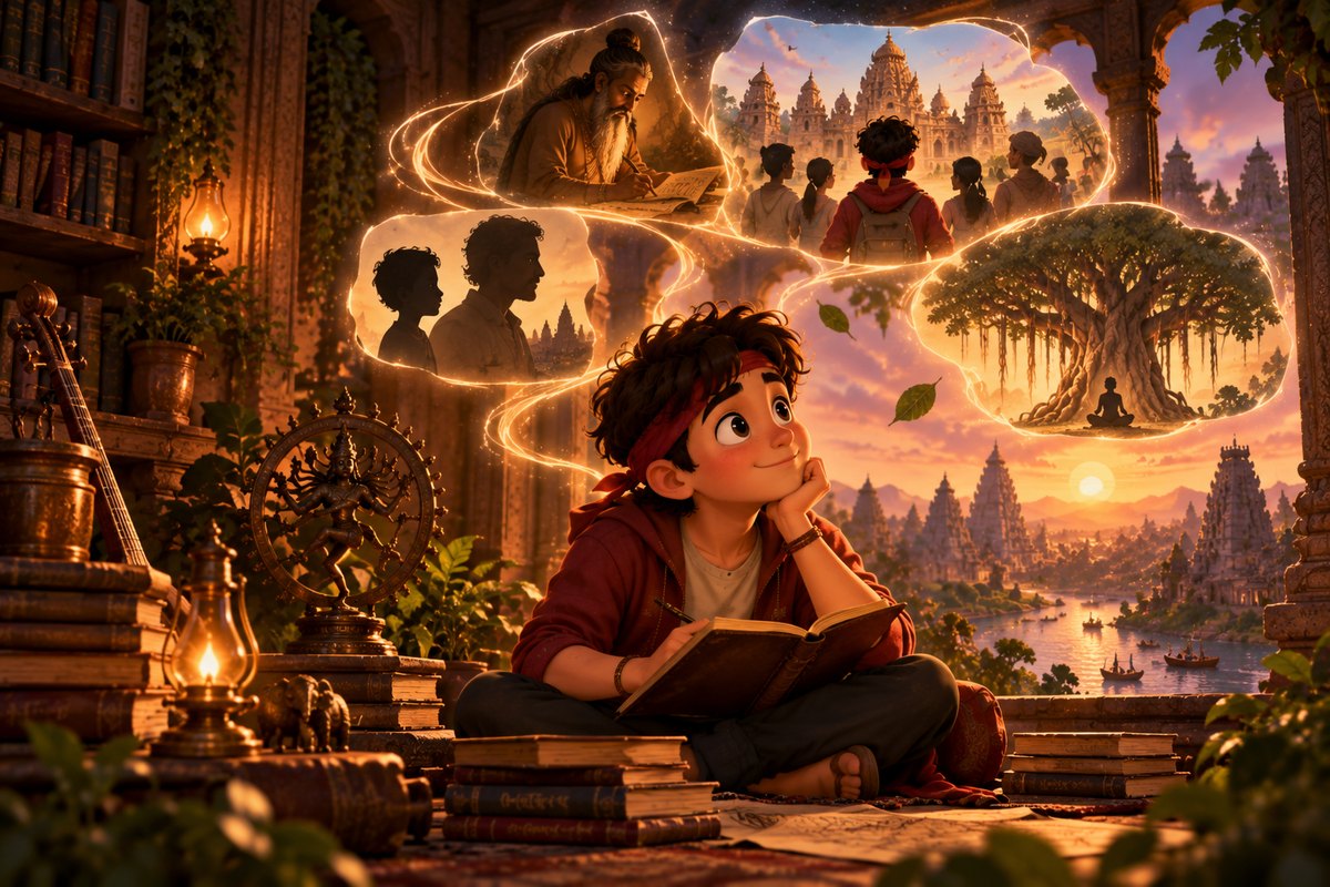A boy writing in a journal, thought clouds holding a sage, a group before a temple and a figure seated beneath a banyan