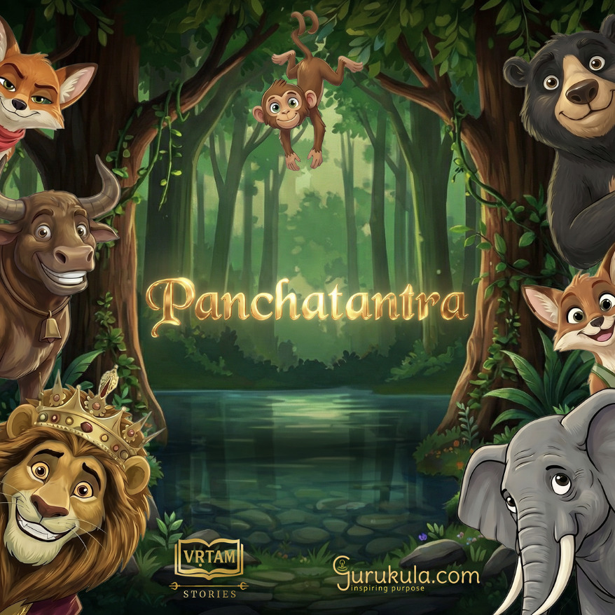 Cover of the Pañcatantra AR storybook: forest clearing with the lion, elephant, monkey, bear, fox and bull looking in around the title
